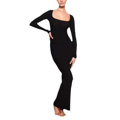 China Breathable Skims Kardashian's Slim Fit Spicy Girl Slim Wrap Hip Skirt Black Large Neck Long Sleeve Dress Bodysuit for sale