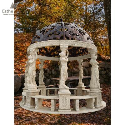 China European Hand - Carved Stone Gazebo Pavilion Natural Marble Gazebo with Lady Statue Pillars and Styled Iron Dome for sale