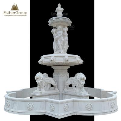 China Large Traditional Outdoor Garden Swimming Pool Natural Stone Marble Water Fountain with Lion Statues for sale