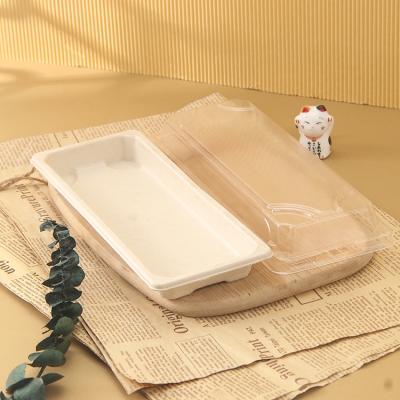 China Disposable Reusable Transparent Sushi Container Sugar Cane Bagasse Cookie Container Lid Dish For Food Catering for sale