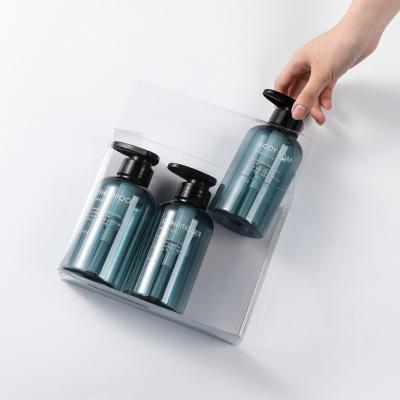 China 300ml 500ml original design shampoo and lotion packaging light brown green plastic bottle with 3 pieces of travel set for sale