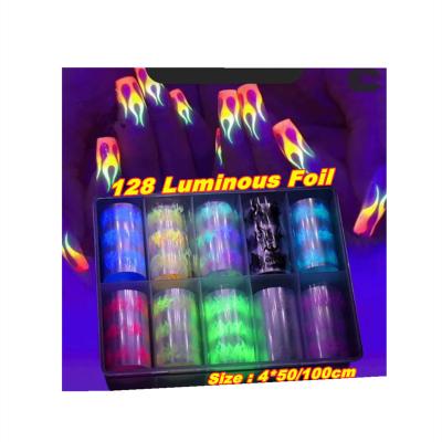 China Easy Apply Latest Hot Sale 2021 Factory Wholesale Luminous Flame Foil Glow In The Dark Nail Art Transfer Sticker Nail Foil for sale