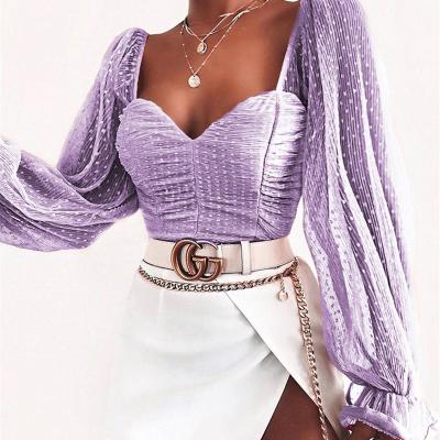 China Anti-pilling Fashion Chiffon Polka Dot Wrapped Chest Off Shoulder Chiffon Shirt Crop Top for sale