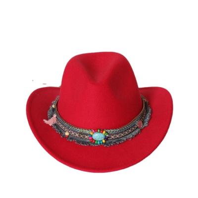 China Fashion Colorful Wooden Beaded Belt Fedora Roll Brim Tassel Western Cowboy Hats for sale