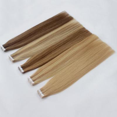 China Platinum Brown Russian Blonde Ombre Silky Straight Wave 30 Inches Double Color 60 Drawn Us Invisible Skin Tape In Hair Extensions for sale