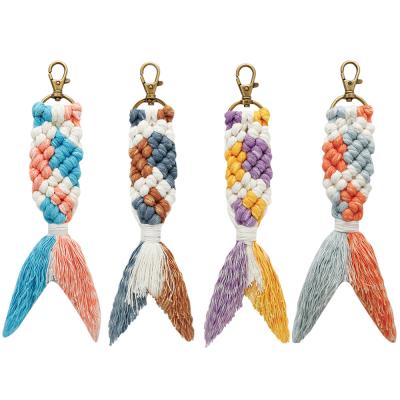 China Fashional Souvenir Gifts Fish Rainbow Woven Key Chain Tassel Macrame Bag Braid Cotton Animal Mermaid Key Chain Accessory for sale