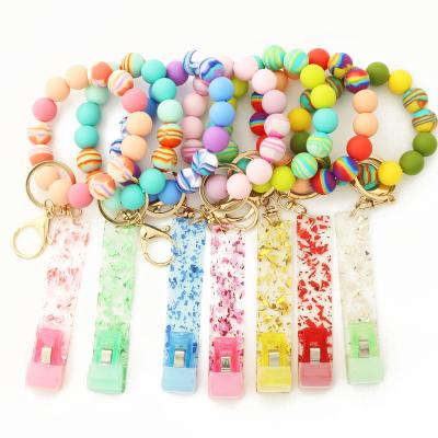 China Eco-friendly Silicone Beads ATM Card Puller Key Ring Bracelet Wristlet Keychain With Credit Card Grabber Touch for sale