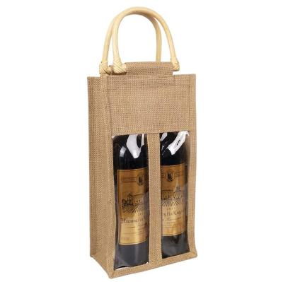 China Eco Customized Recyclable Recycled Clear Window Bottle Gift Bag Packaging Double Carrier Hand Made Tote Jute Bags With Bamboo Jute Wine Ha for sale