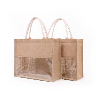 China Wholesale Promotional Recyclable Jute Export Jute Gift Wrapping Bags Eco Large Capacity Burlap Favor Bags With Window for sale