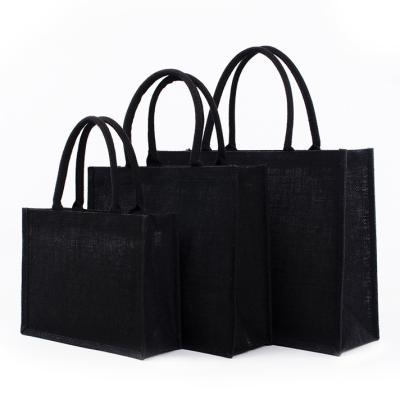 China Reusable Eco-Friendly Recyclable Canvas Jute Black Women Beach Tote Laminated Gift Shopping Black Burlap Jute Bag for sale