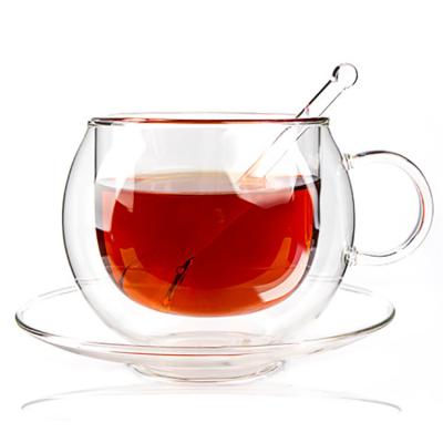 China Sustainable Price High Borosilicate Double Wall Glass Tea Cup And Saucer Sets With Spoon for sale