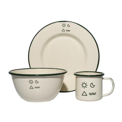 China Enamel Utensils Stocked Starter Set Tableware Camping /Outdoor Set Dishes / Bowls And Cups for sale