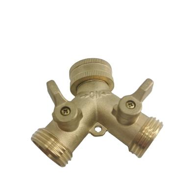 China Water Control Hose Faucet Splitter 2 Way Y Form 3/4 Different Thread TPR Faucet Dispenser Valves On/Off European Standard Brass Male Connector for sale