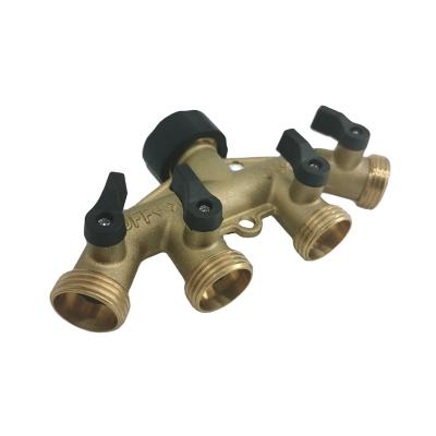 China Solid Brass Water Control 4 Way Hose Splitter 4-Way Hose Connector with Cut-Off Valves, 3/4