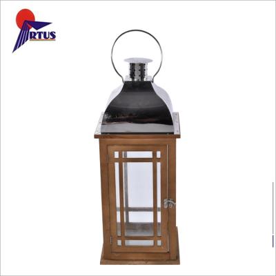 China Light Home Decoration Stand Garden Lamp Holder Portable Stainless Steel Wooden Candle Lantern for sale