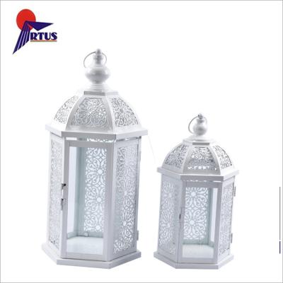 China Decor Product Large White Moroccan Glass Light White Moroccan Glass Metal Cheap Candle Lantern for sale