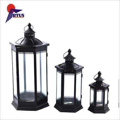 China Light Hot Selling Factory Directly Morden Outdoor Home Decoration Metal Candle Black Glass Lantern for sale