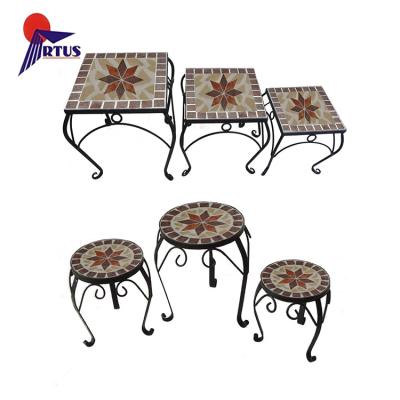 China Handcraft Outdoor Mosaic Table Metal Stools Garden Supplies Decorative Table Round Set 3 Garden Flower Pot Holders for sale