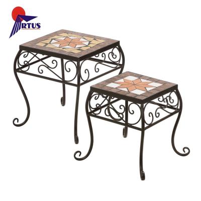 China Mosaic Table Garden Furniture New Design Round Ceramic Plant Racks Set Of 2 Mosaic Plant Rack for sale