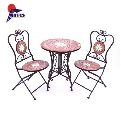 China Vintage Metal Mosaic Dining Table Round Iron Mosaic Furniture Ceramic Wrought Foldable Mosaic Chair Indoor Leisure Chair for sale