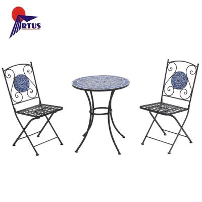 China Newest Classic Cheap Classic Decorative Stylish Decorative Outdoor Folding Mosaic Table Round Metal Mosaic Furniture Table Chair Garden Set for sale