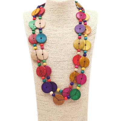 China BOHEMIA Colorful Wooden Necklace and Handmade Vintage Bohemian Party Accessories Pendant Round Beaded Long Chain Necklace Jewelry for sale