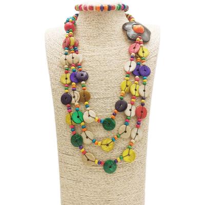 China BOHEMIA Bohemian Ethnic Necklace For Women Handmade Large Wooden Flower Beaded Long Layered Necklace And Party Pendant Accessories for sale