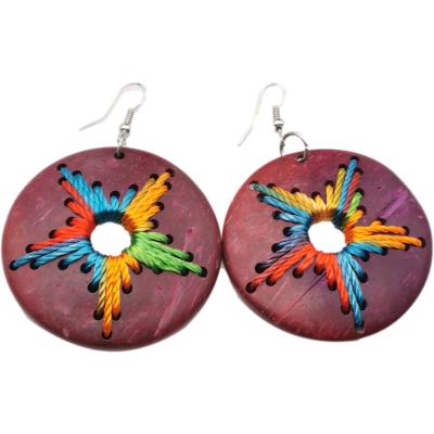 China Vintage Bohemian Earrings Round Big Wooden Statement Earrings For Women Color Geometric Numbers Accessories Five-pointed Star Jewelry for sale