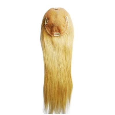 China Mono Base PU European Human Hair Topper 5.5X6 Straight Blonde Hair Toupee with Clip 16