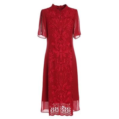 China Retro Summer Breathable Red Dress Embroidered Cocktail Chinese Style Midi Qipao Silk Mother Of The Bride Dress for sale