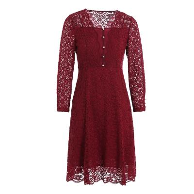 China Anti-Static Elegant Red Pearl Button V-Neck Christmas Dress Women Party Lace A-Line Dress for sale