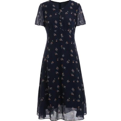 China Anti-wrinkle Gowani Summer Casual Flower Printed V-Neck 100%silk Short Sleeve Dress for sale