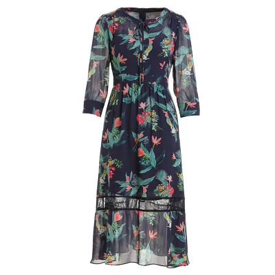 China Gowani Summer Floral Print Lace Anti-Static Casual Half Sleeve Midi Silk Dress for sale