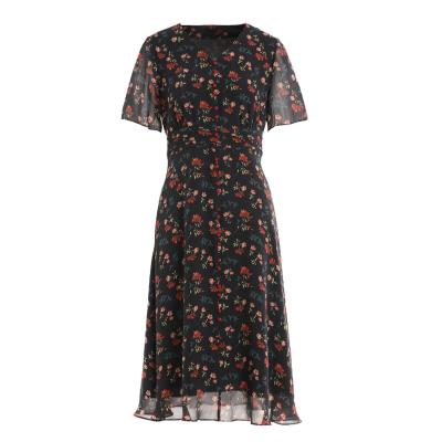 China Anti-Static Summer Casual V-Neck Floral Printed Button Through Short Sleeve Silk Midi Dress for sale