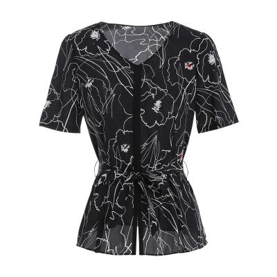 China Summer V-Neckline Casual Graphic Anti Shrink Silk Print Short Sleeve Shirt Belted Silk Top Blouse for sale