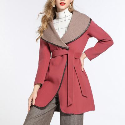 China Anti-wrinkle Winter Coat Woolen Women's Large Tie Double Sided Wool Coat Large Lapel for sale