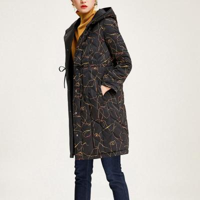 China Winter Reversible Women Down Coat High Quality Double Sided Black Printed Hoodie Down Coat for sale