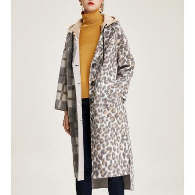 China Anti-wrinkle winter leopard coat high quality wool blend hoodie woolen coat women printed long for sale