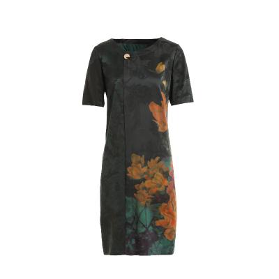 China Gowani Summer Breathable Flower Printed Jacquard Satin Silk Short Sleeve Dress Chinese Style Plus Size for sale