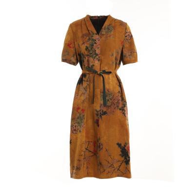 China Retro Gowani Breathable Chinese Flower Print V-Neckline Belted Short Sleeve Silk Casual Dress for sale