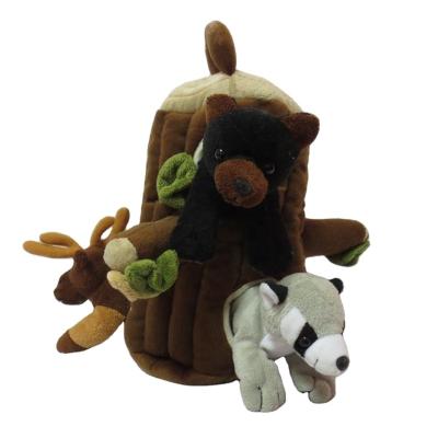 China Small Eco-Friendly Baby Toy Squirrel Plush Toy Squirrel, Reindeer, Black Bear, Raccoon, Lion, Fox Set in Tree Hole for sale