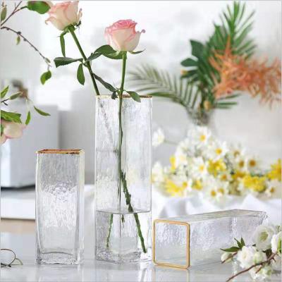 China 2021 Modern Hot Sale Nordic Style Golden Clear Glass Vase Wrinkle Crafts Gifts for sale