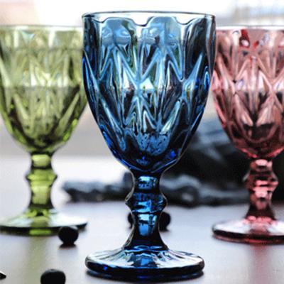 China Amazon Hot Selling Multi Color Wine Goblets Eco - Friendly Machine Vintage Pressed Blue Glass Goblets for sale