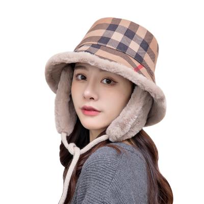 China Checked Fleece Lined Fall Winter Checked Bucket Hat Fisherman Hat With Removable Ear Flap for sale