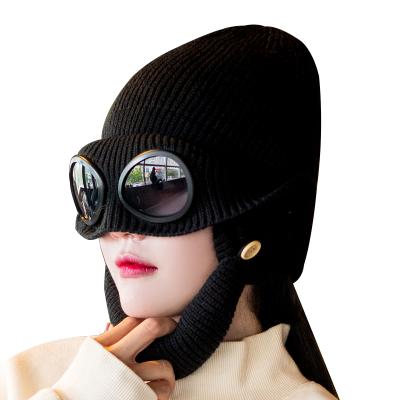 China 2021 COMMON Ear Fin Beanie Winter Goggles Knitted Slouchy Hat With Face Kanye Mask Glass And Ski Hat For Girl Women Outdoor Sports for sale