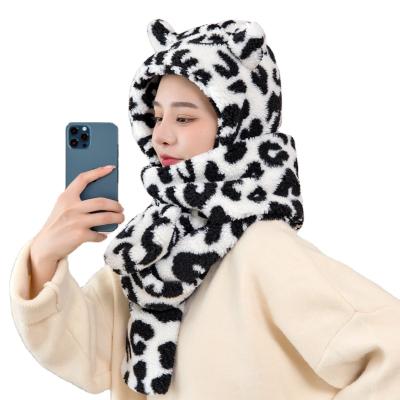 China COMMON 3 in 1 Leopard Plush Fluffy Winter Ear Flap Warm Hoodie Hat with Scarf and Paw Mitt for Women Girl for sale