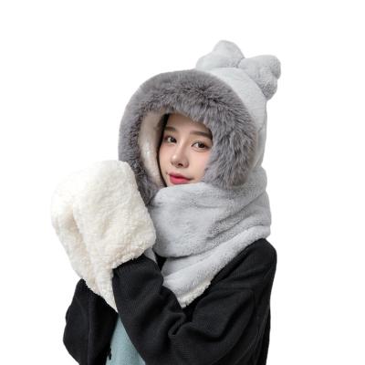 China Wholesale COMMON quality fashion rabbit hood 3 in 1 winter women girl hooded scarf with pocket hats and scarf gloves sets for lady for sale