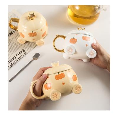 China Factory Wholesale Viable Unique Creative Pumpkin Mug Good Quality Ceramic Coffee Mug With Lid And Spoon for sale