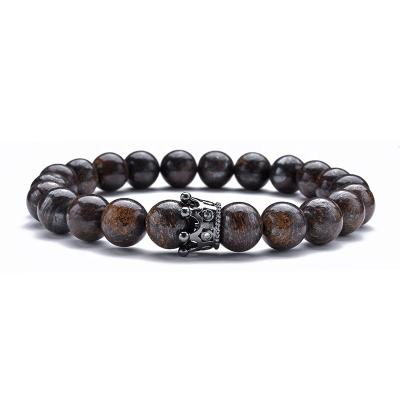 China King Queen Crown Charm Bracelet Natural BOHEMIA Agate Brown Bronzite Gemstone Beads Bracelets for sale