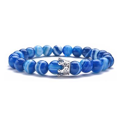 China BOHEMIA Agate King Queen Crown Charm Bracelet Natural Blue Banded Natural Blue Gemstone Beads Bracelets for sale